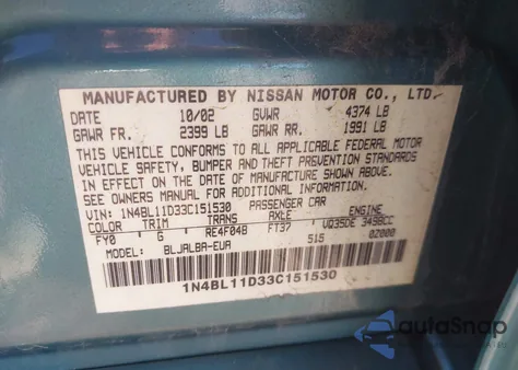 2003 Nissan Altima 3.5 Se from USA, damaged, VIN 1N4BL11D33C151530